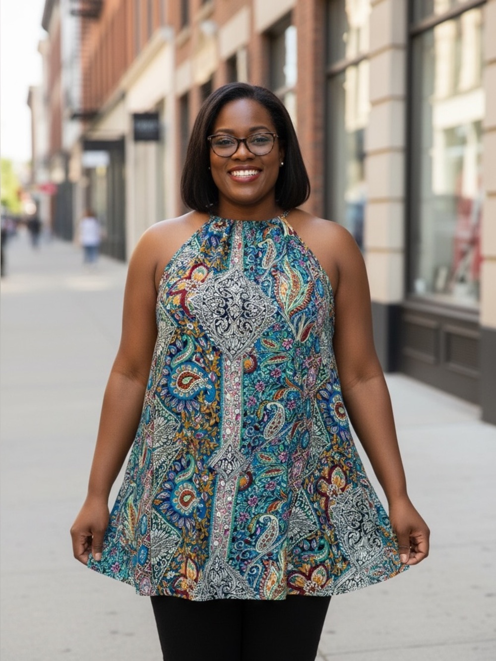 Cupshe Women’s Medium Paisley Halter Tunic Top Dress Teal Multi Boho Indian Y2K